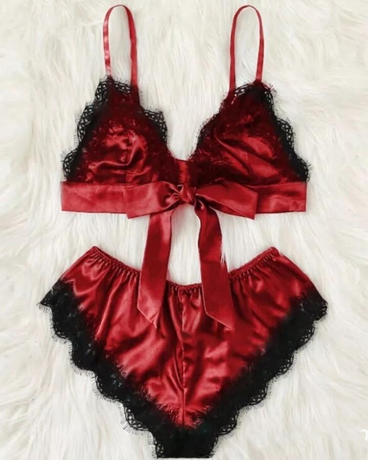 Solid Lace Contrast Bra With Panties Sexy Sets