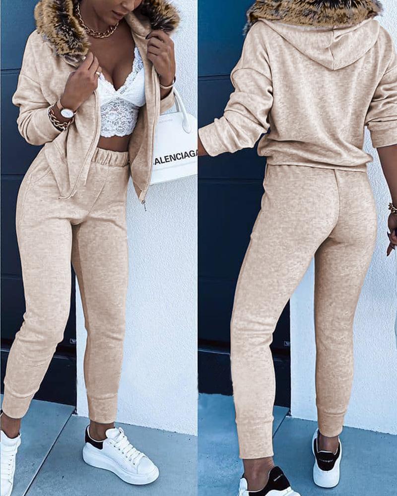 Zip Fluffy Hooded Top & Pocket Design Pants Set